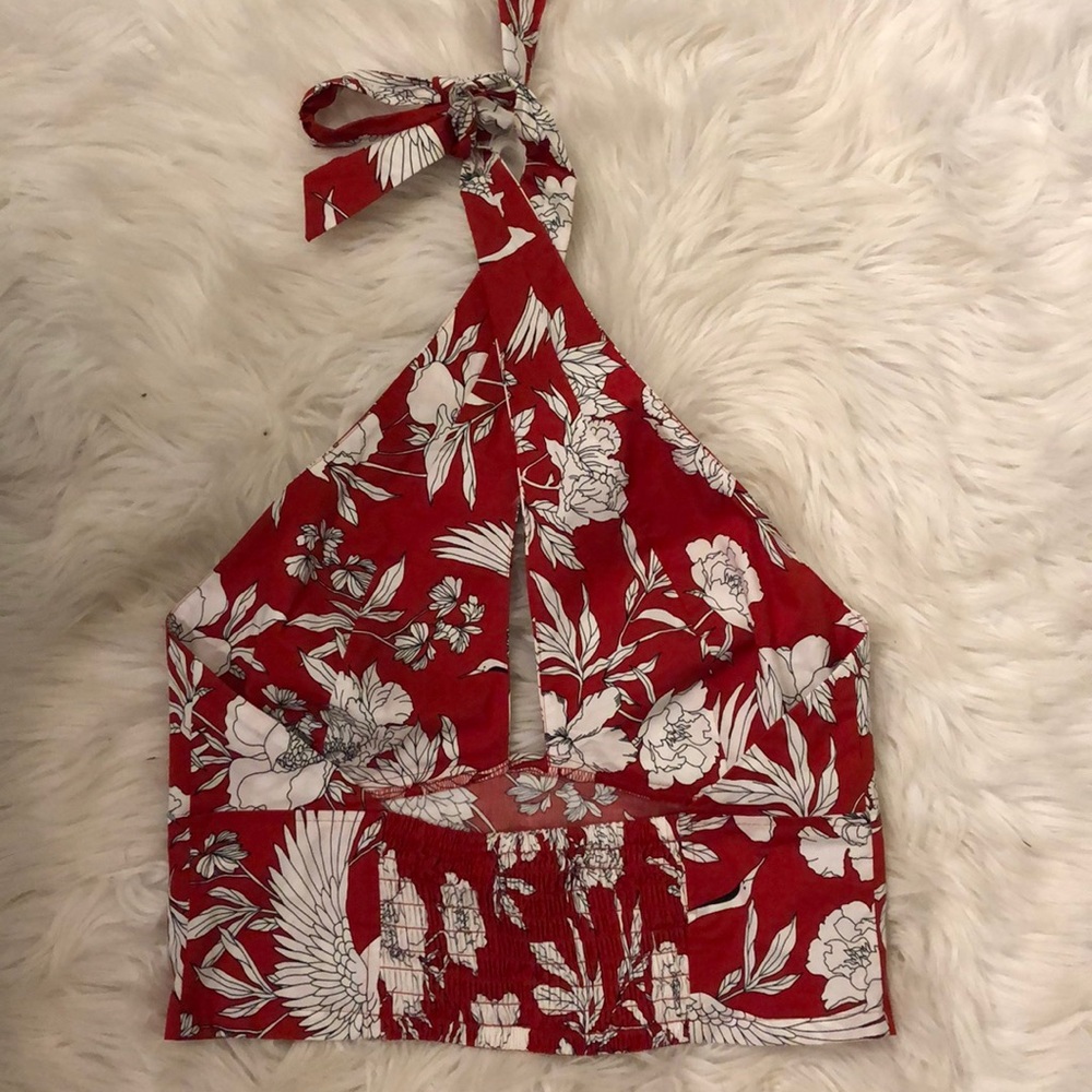 Express Red and White Floral Halter Crop Top - Picture 2 of 3
